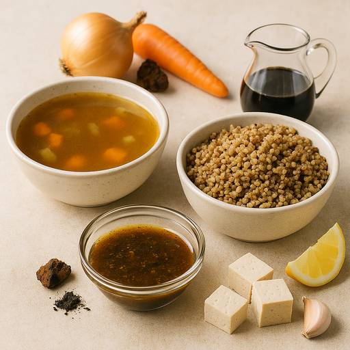 Bol de bouillon de légumes au chaga, bol de céréales et marinade simple au chaga avec tofu et citron.